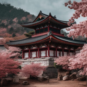 tableau mural métal paysage japonais sakura temple zen