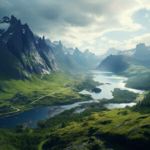 tableau mural métal paysage montagne vallée lac nature panoramique